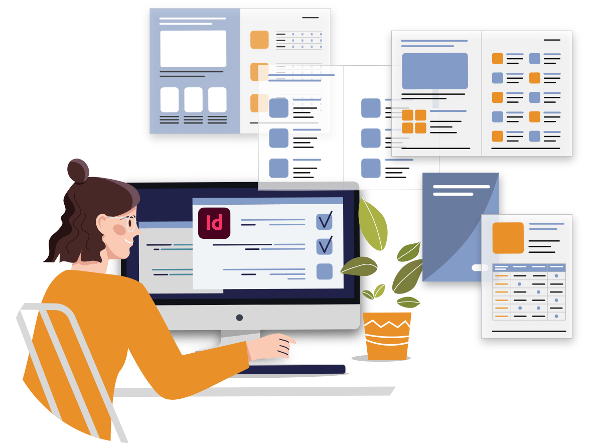 Ragazza al computer con InDesign